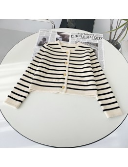 Black Stripes 2022 Spring Women Stripes Knit Cardigan O-neck Short Coat Single Breasted Long Sleeve Sweater