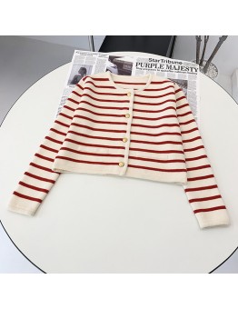 Red Stripes 2022 Spring Women Stripes Knit Cardigan O-neck Short Coat Single Breasted Long Sleeve Sweater