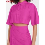 OOTN Streetwear Turn-Down Collar Sexy Hollow Out Short Sleeve Cotton Summer Dresses For Women Single Breasted Pink Pencil Dress