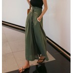 Green Spring Fashion Women's Pants with Elegant Temperament and Leisure Straps High Waist Cotton and Linen Loose Wide Leg Pants Women