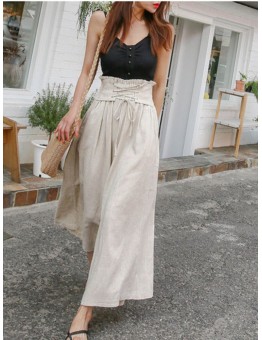 Apricot Spring Fashion Women's Pants with Elegant Temperament and Leisure Straps High Waist Cotton and Linen Loose Wide Leg Pants Women