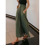 Apricot Spring Fashion Women's Pants with Elegant Temperament and Leisure Straps High Waist Cotton and Linen Loose Wide Leg Pants Women