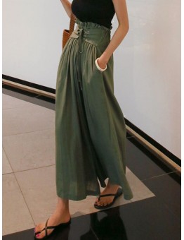 Green Spring Fashion Women's Pants with Elegant Temperament and Leisure Straps High Waist Cotton and Linen Loose Wide Leg Pants Women