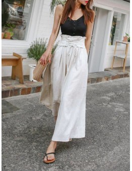 Rice white Spring Fashion Women's Pants with Elegant Temperament and Leisure Straps High Waist Cotton and Linen Loose Wide Leg Pants Women