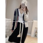 TB knitted cardigan sweater with women's spring and autumn college style four-bar retro lazy V-neck color-blocking top coat